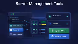 Illustration moderne sombre des flux de travail VPS montrant un terminal à côté d'une interface de gestion serveur visuelle plus rapide