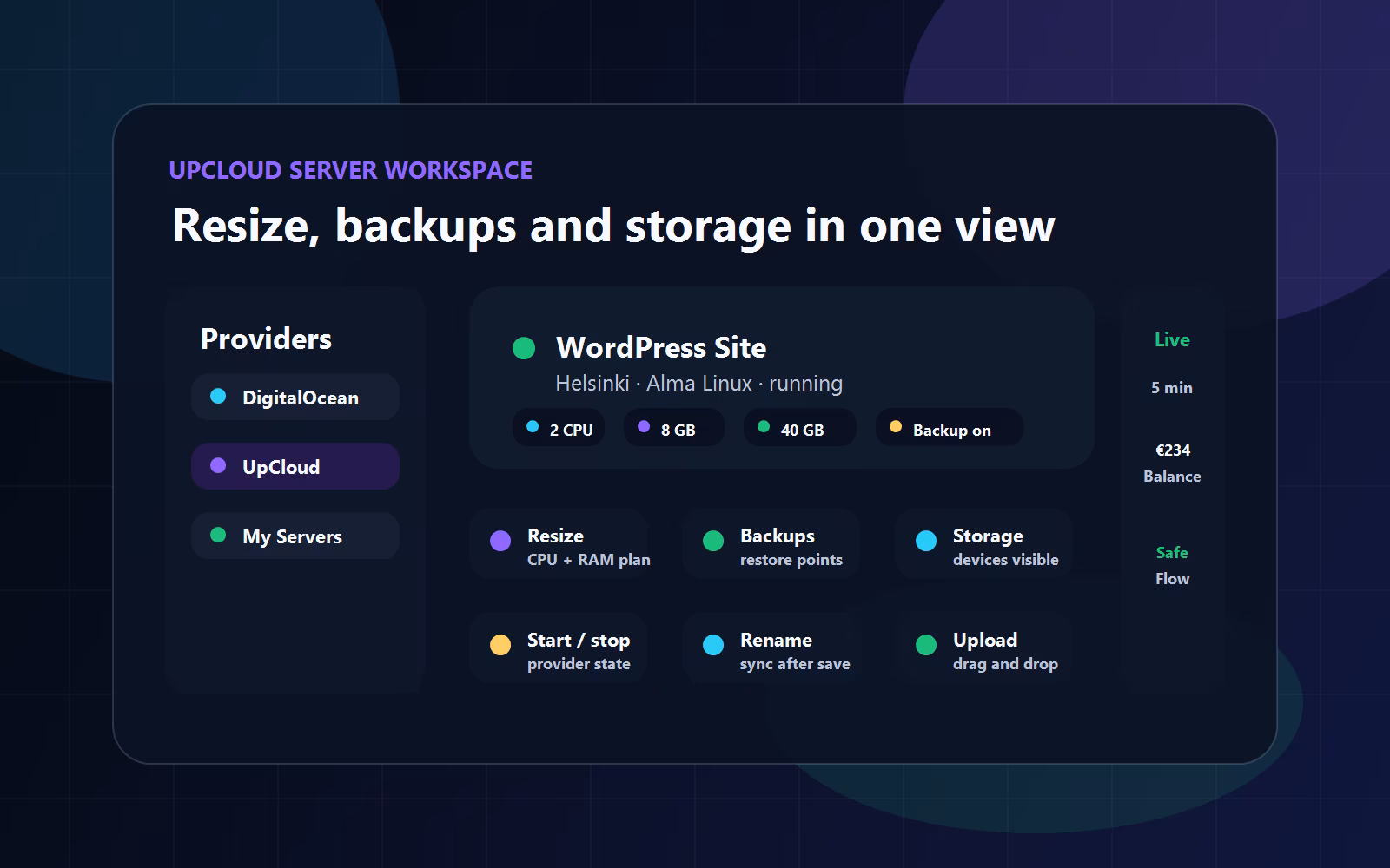 Espace de gestion serveur UpCloud GhostlyBridge avec redimensionnement, sauvegarde, stockage et transferts