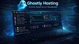 Console CLI di GhostlyHosting con dashboard riepilogativa dell'app