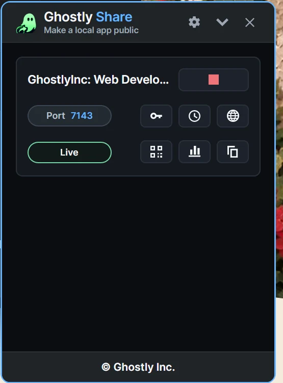 GhostlyShare desktop app with a detected website, live link and sharing controls