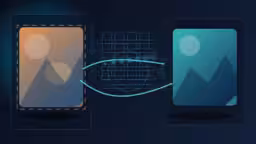 Illustrazione moderna scura di grandi immagini fotografiche web compresse da JPEG a AVIF in un flusso di lavoro desktop selettivo